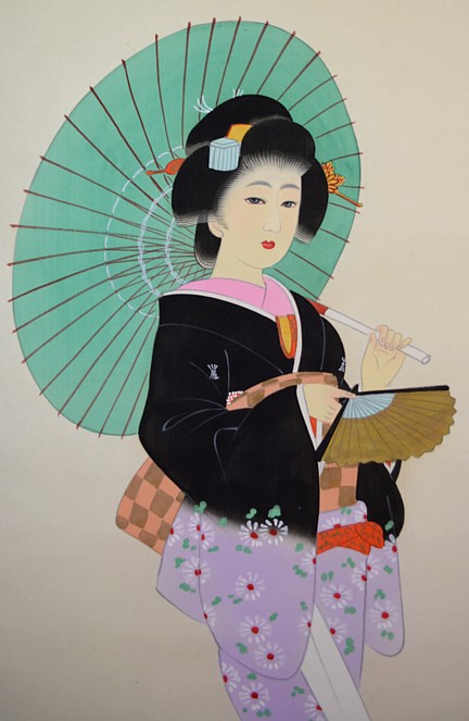японка с зонтиком, старинный японский рисунок на свитке