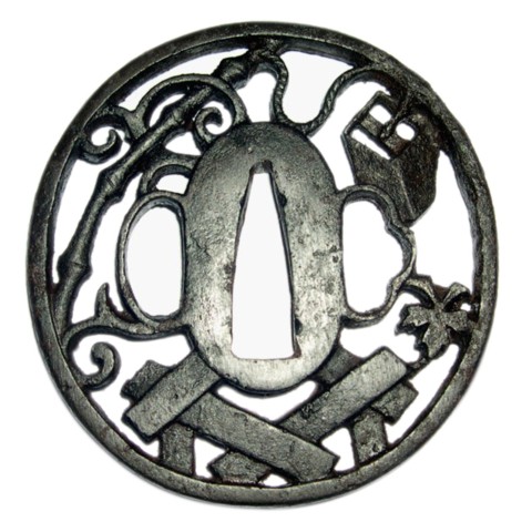 антикварная прорезная цуба (гарда) японского меча, железо, ковка, эпоха Эдо