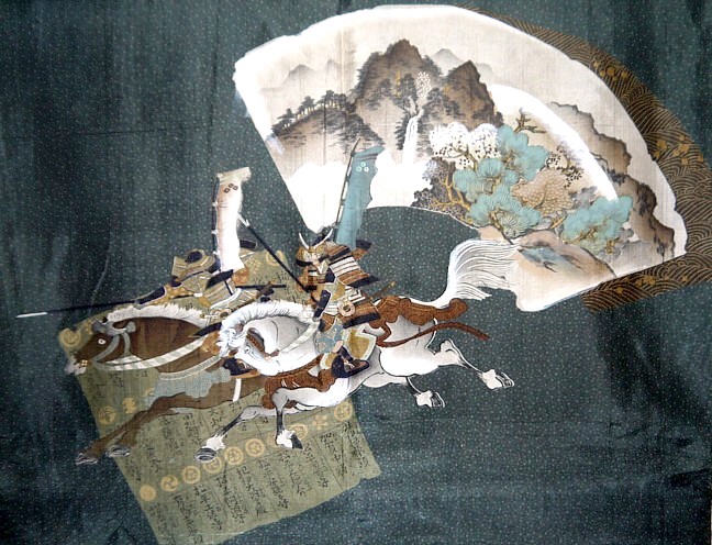 японский рисунок на самурайскую тему на подкладке мужского шелкового хаори